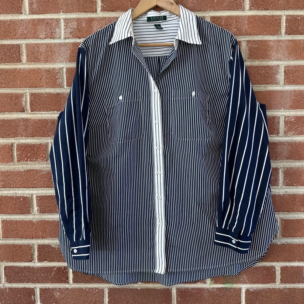 LAUREN Ralph Lauren 1X Striped Button Down Top Blue White Blouse Collared Career